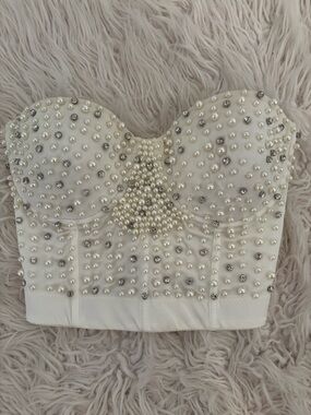 Windsor White Pearl & Rhinestone Embellished Strapless Crop Top